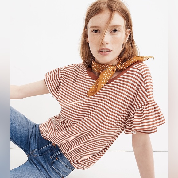 XS Madewell Ruffle-Sleeve Tee in Stripe - Picture 2 of 10